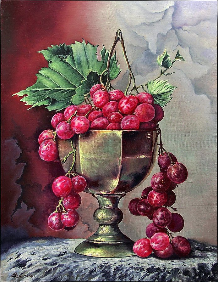 Виноград в бронзовой чаше. - натюрморт, живопись., чаша, виноград - оригинал