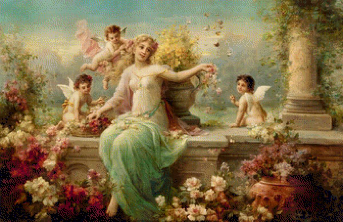 Райский сад - ангелы, девушки, цветы, купидоны, сад - предпросмотр