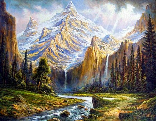 горный пейзаж - лес, водопад, лето, горы, река, пейзаж - оригинал