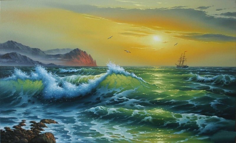 Морской прибой - корабль, волны, море - оригинал
