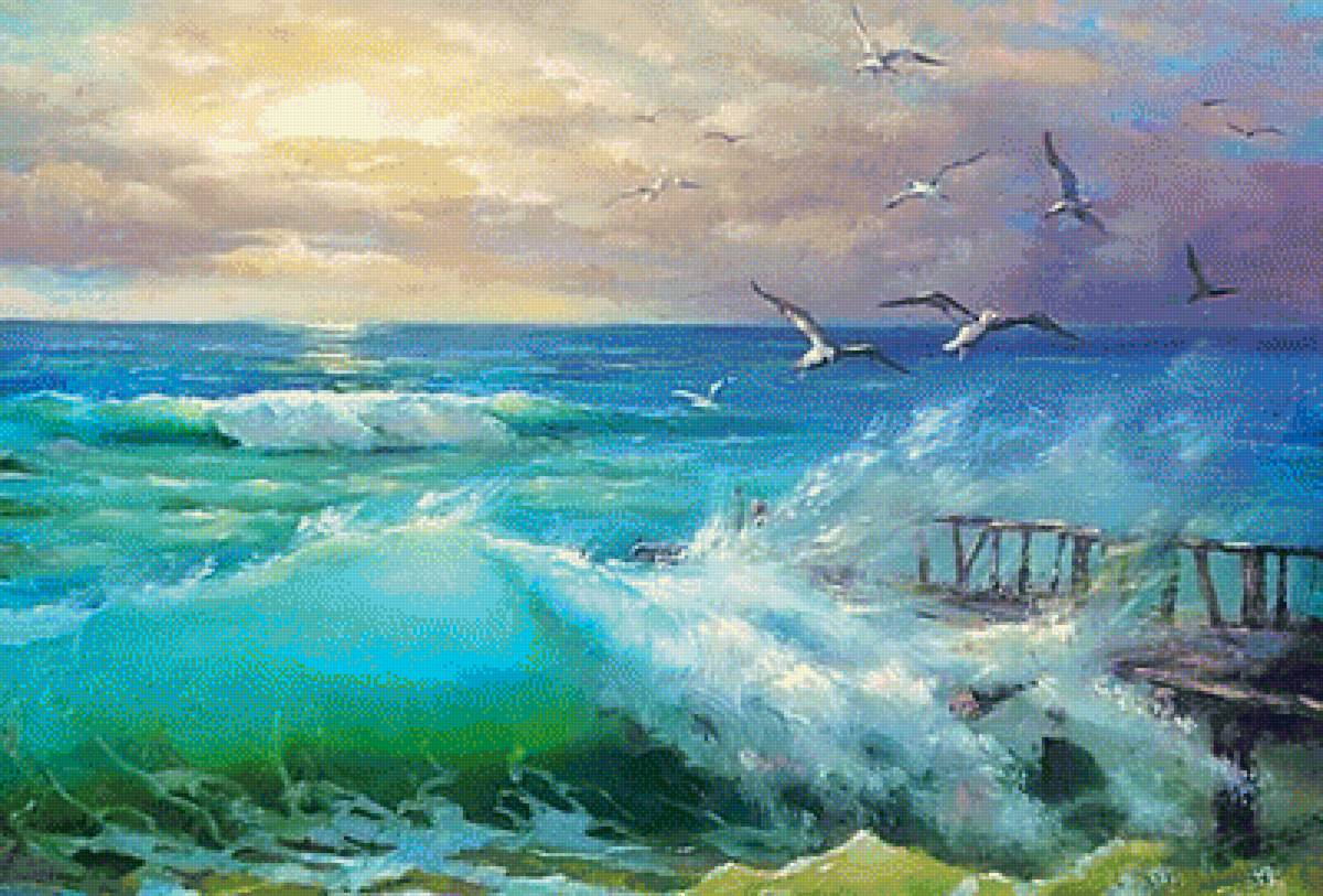 Морской пирс - море, волны, чайка - предпросмотр