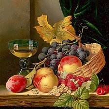 Натюрморт с корзиной фруктов и вином.