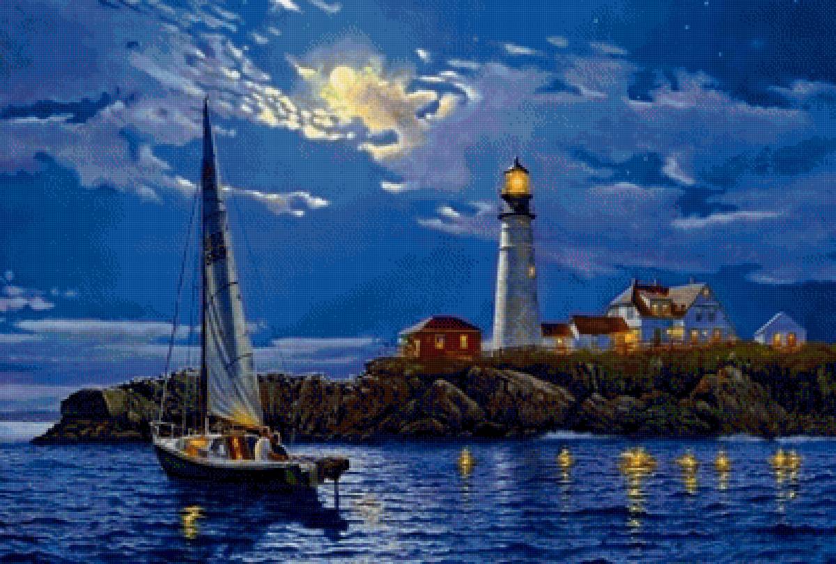 Лунная ночь над морем 2 - ночь, лодка, маяк - предпросмотр