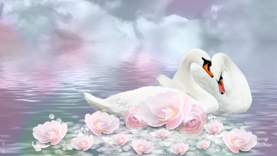 лебеди - птицы, море, розы, природа, лебеди, цветы - оригинал