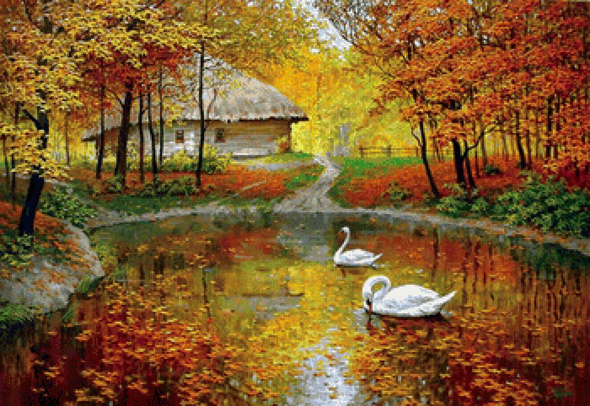 Золотая осень - лебеди, осень, пруд - предпросмотр