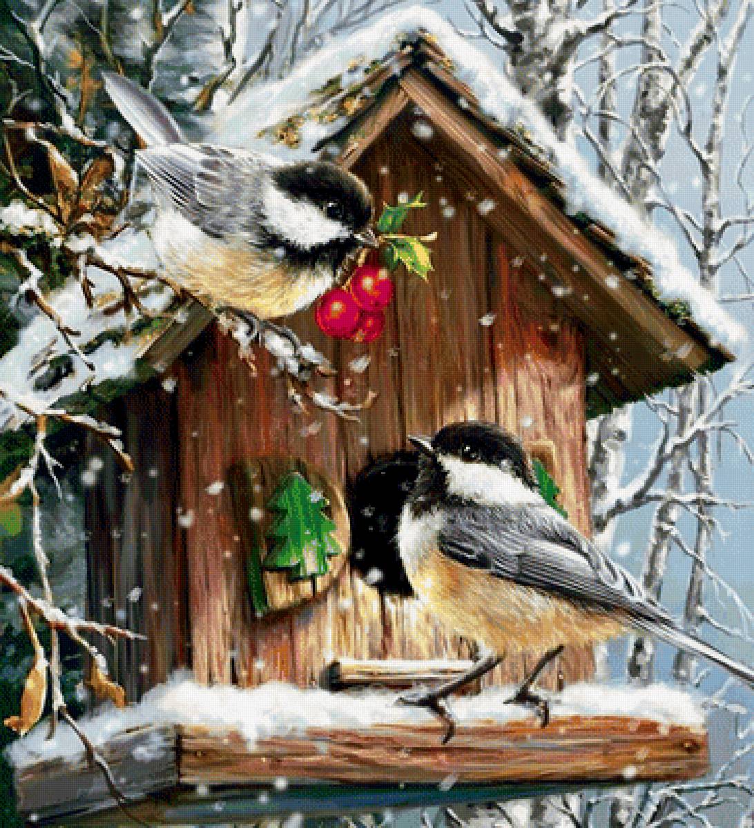 птицы зимой - пейзаж, природа, зима - предпросмотр