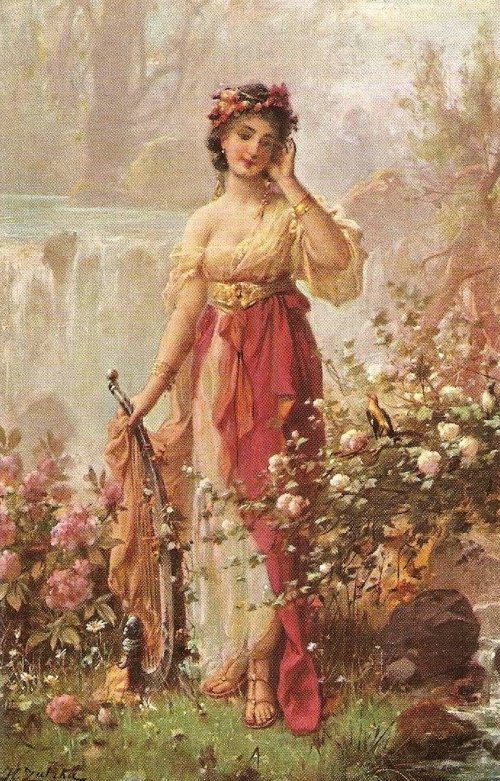 Девушка с арфой, Ханс Зацка - женский образ, весна, девушка, сад, греческий стиль, арфа - оригинал