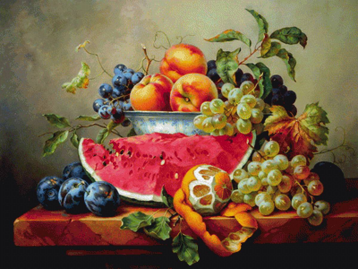 арбуз натюрморт - натюрморт, слива, арбуз, виноград, персики, апельсин - предпросмотр