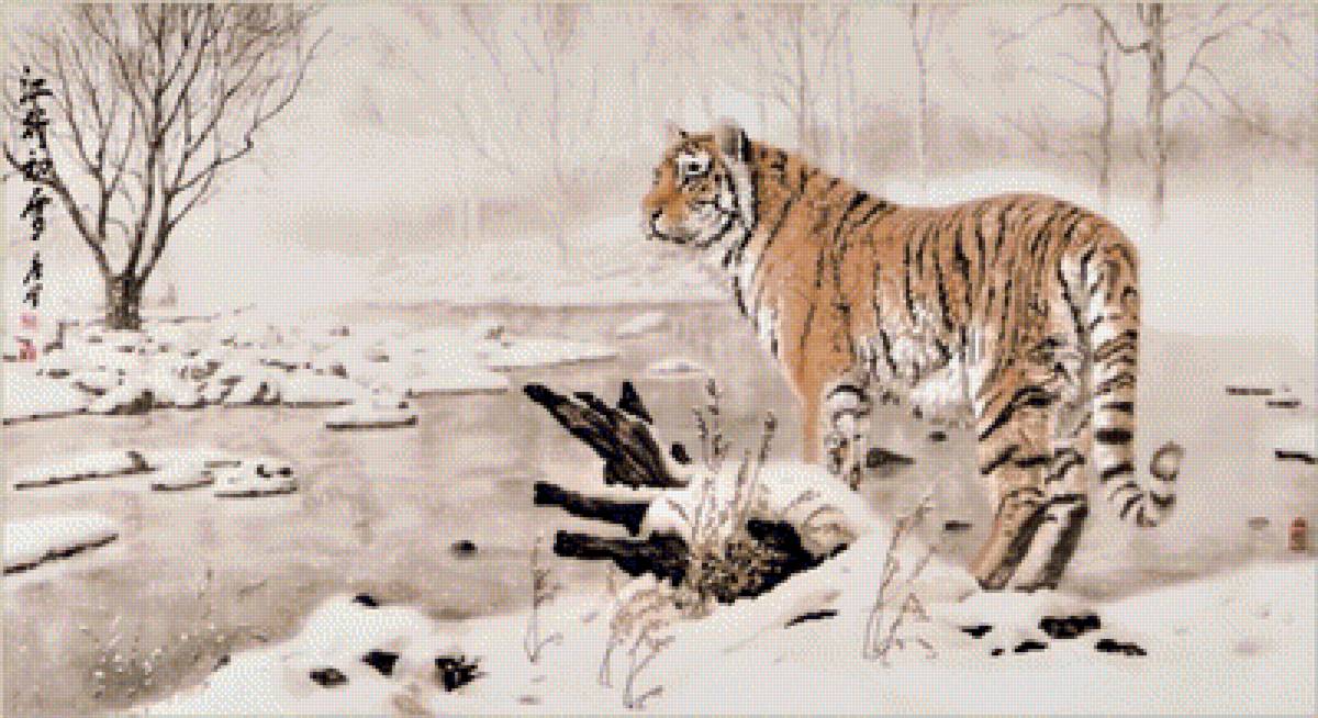 Первый снег на реке - живопись, снег, тигр - предпросмотр