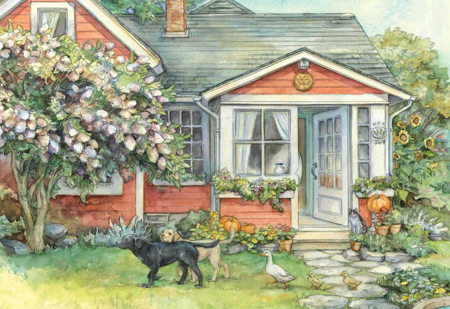 Уютный дворик - дворик, домик, кошка, собака, лето - оригинал