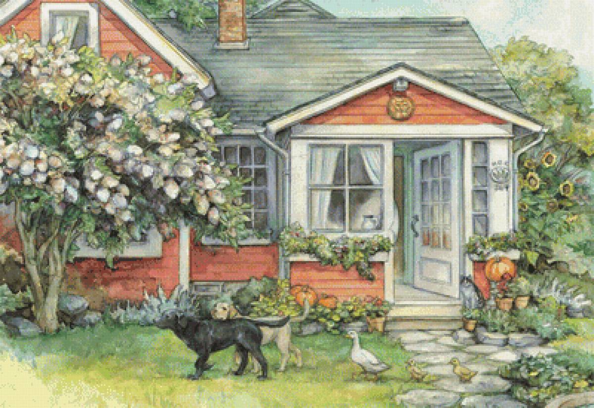 Уютный дворик - собака, лето, домик, кошка, дворик - предпросмотр