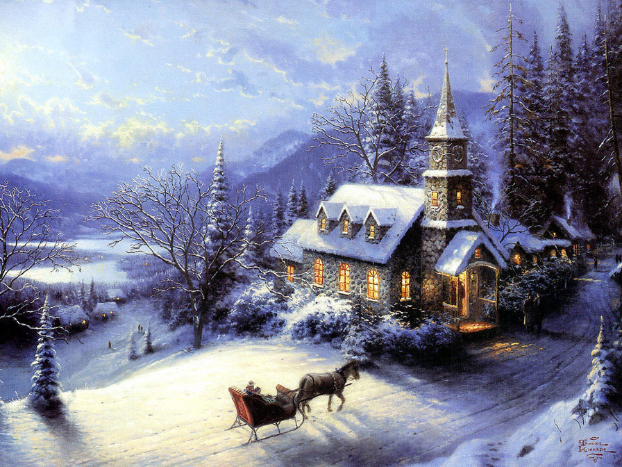 Рождественская ночь - лошади, рождество, повозка, ночь, зимняя ночь, сани, зима - оригинал