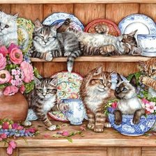 Схема вышивки «Котята на посудных полках»