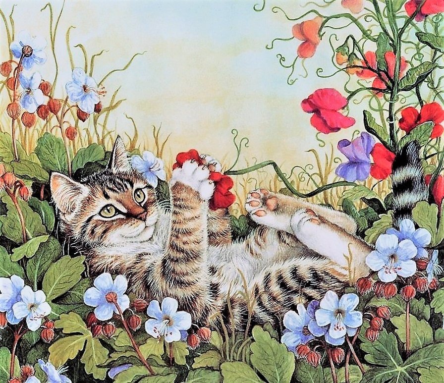 Котенок в цветах - природа, кошки, цветы - оригинал