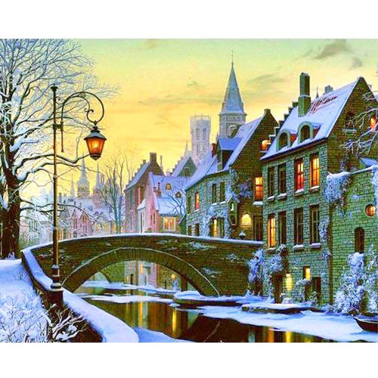 мостик в старом городке - картина, пейзаж, зима - оригинал