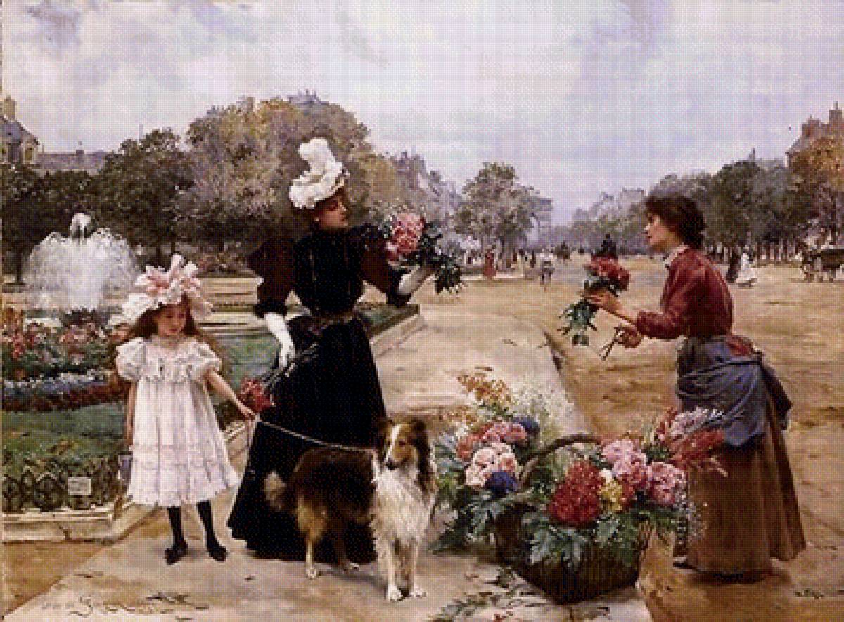 дневная прогулка - собаки, цветочница, мама и дочь, прогулка, цветы, покупка - предпросмотр
