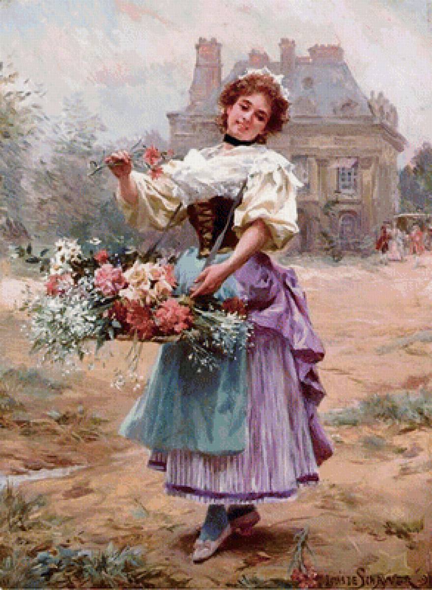цветочница в лиловом - корзина цветов, девушка, цветы, красотка, цветочница - предпросмотр