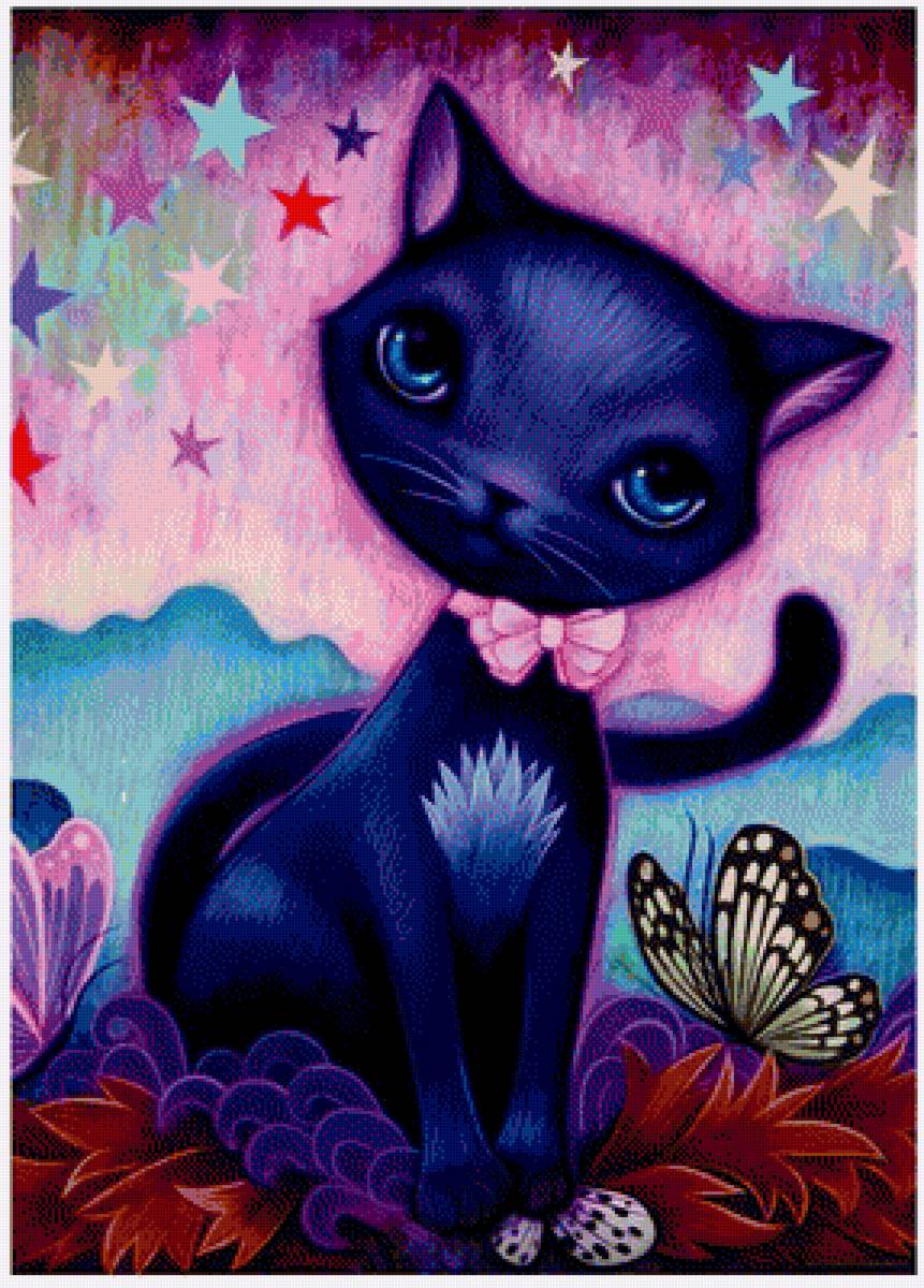 Черная кошка - ночь, бабочка, кошка - предпросмотр