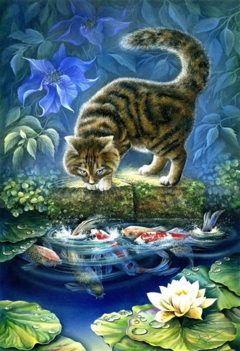Мир животных - фэнтези, рыбки, природа, кот, арт, река - оригинал