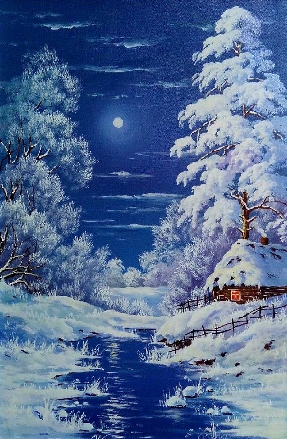 тиха рождественская ночь... - зима, река, дом, пейзаж, ночь, снег, лес - оригинал