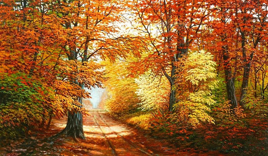 "В багрец и золото одетые леса..." - дорога, пейзаж, осень, лес - оригинал