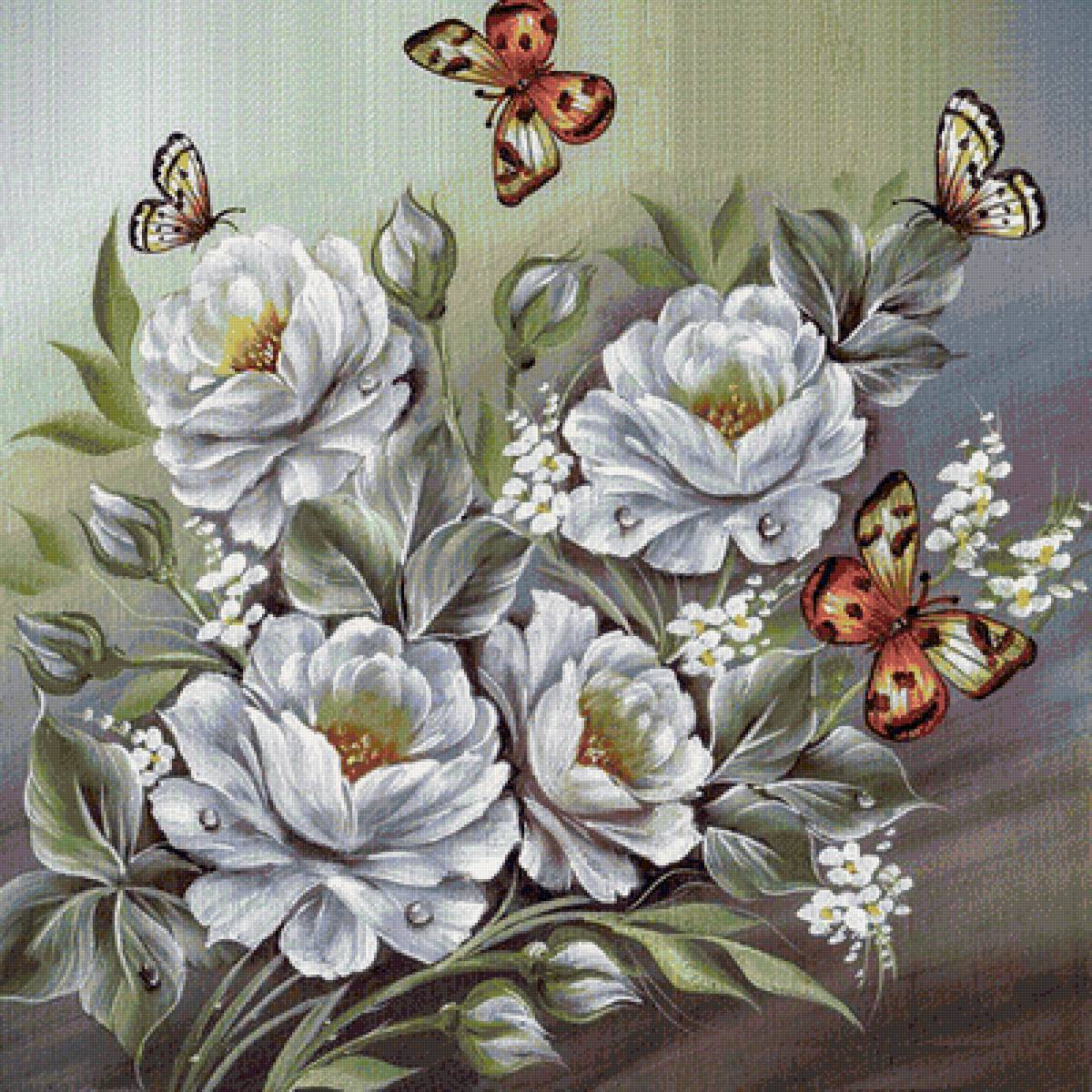 белые цветы - бабочки, цветы - предпросмотр