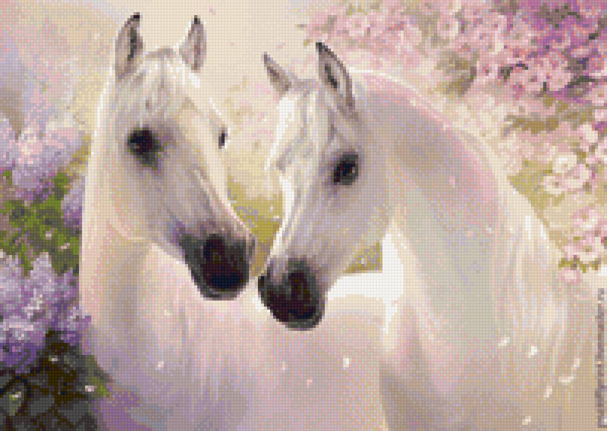 Романтичные лошади - белые, красивые, лошади, цветы - предпросмотр