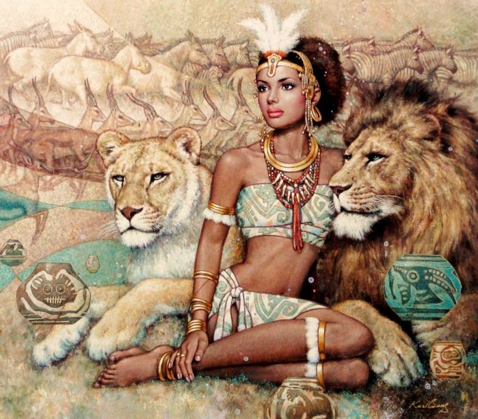 Красавица и львы - девушка, лев - оригинал