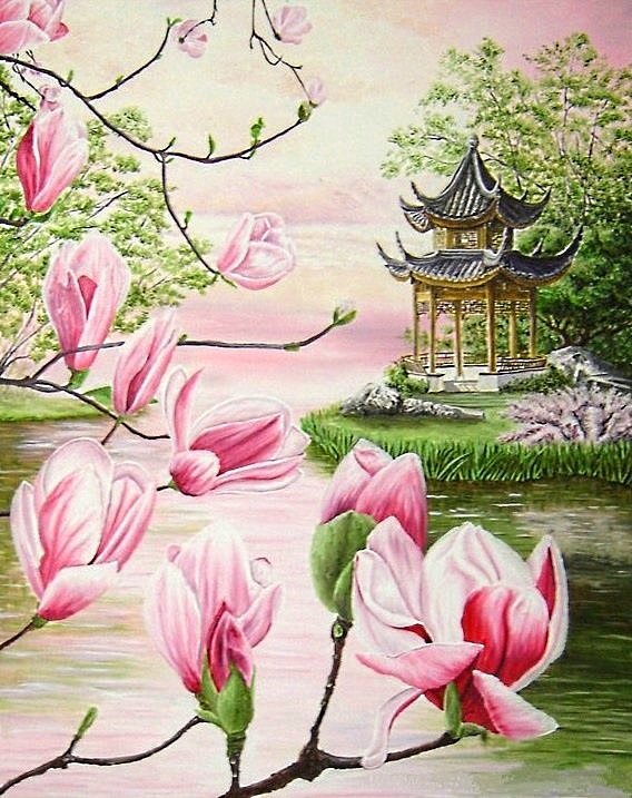 цветущая магнолия - весна, китай, озеро, азия, пейзаж, пагода, магнолия, белые цветы - оригинал