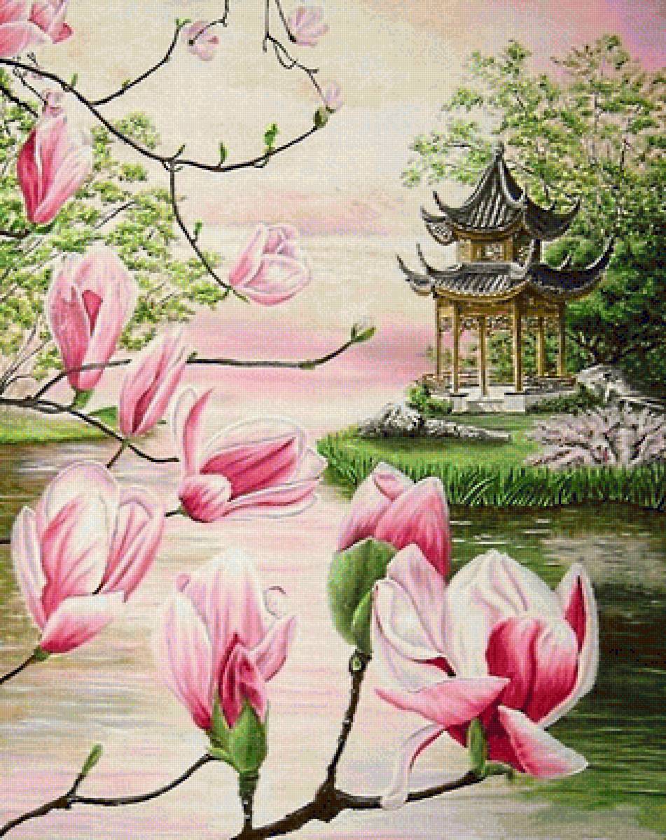 цветущая магнолия - озеро, белые цветы, магнолия, азия, китай, пейзаж, пагода, весна - предпросмотр