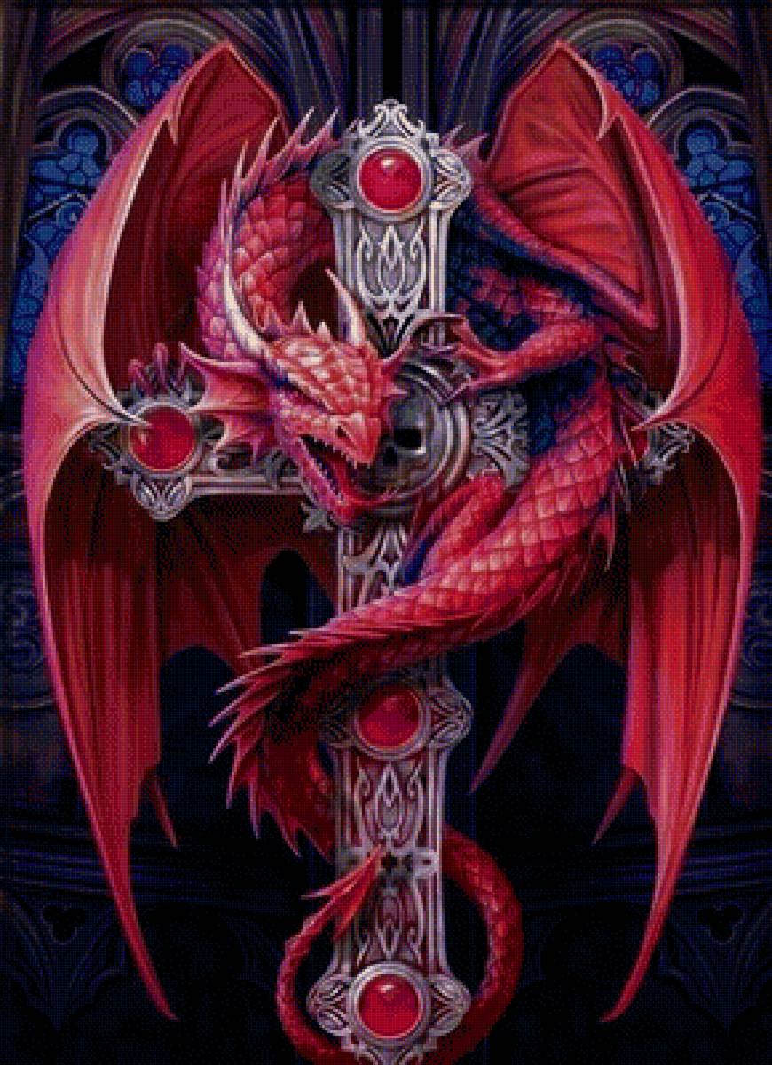 красный дракон - фэнтези, готика, крест, дракон - предпросмотр