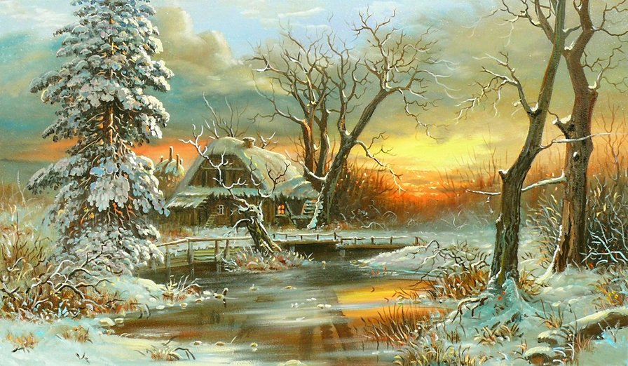 старая мельница - лес, снег, дом, река, мельница, пейзаж, зима - оригинал