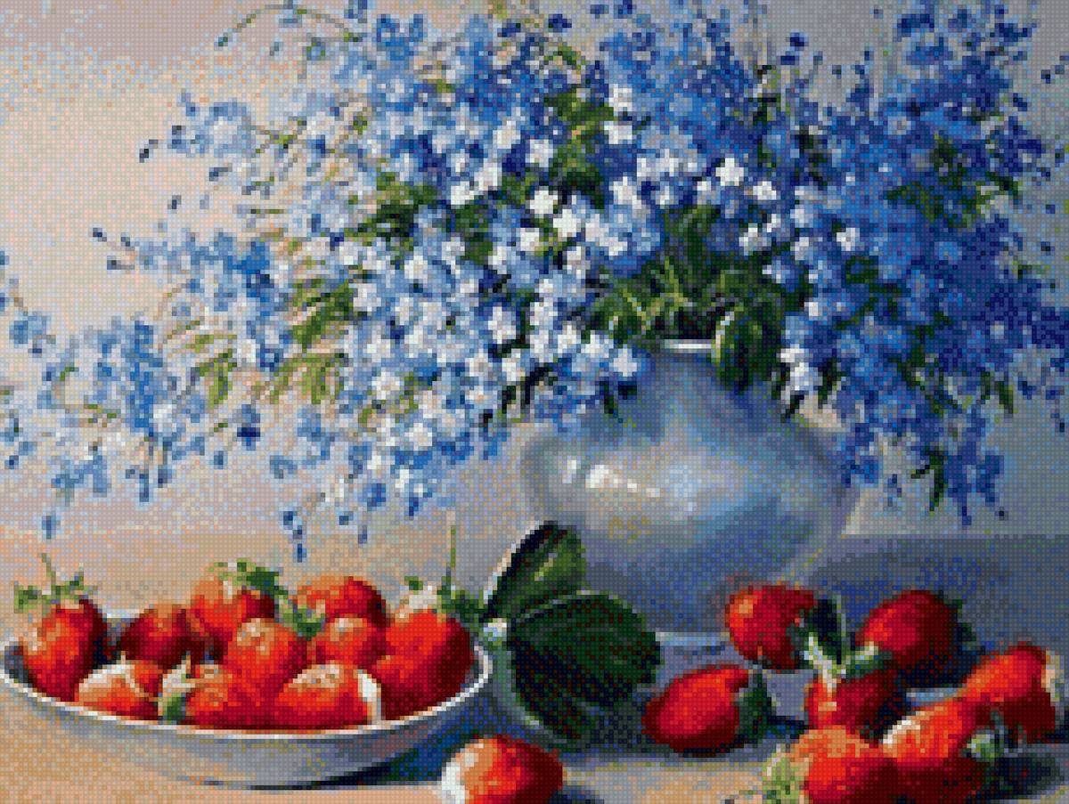 натюрморт - натюрморт, ягоды, ваза, цветы - предпросмотр