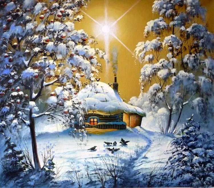 Зимние тепло - солнце, зимний лем, лес, деревья, птицы, дом, зима - оригинал