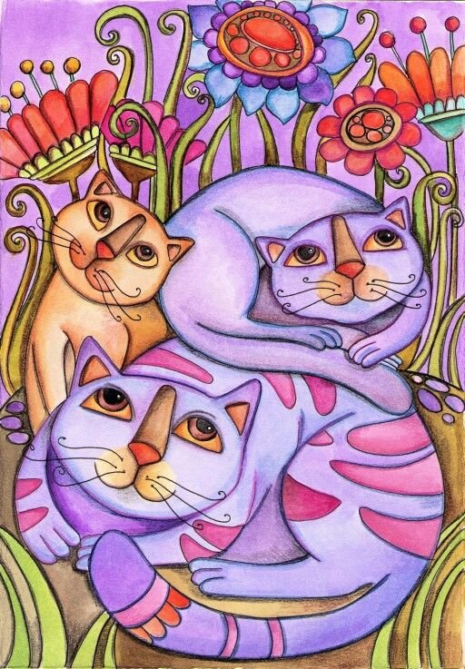 серия "радужные коты" -4 - цветы, кошка - оригинал