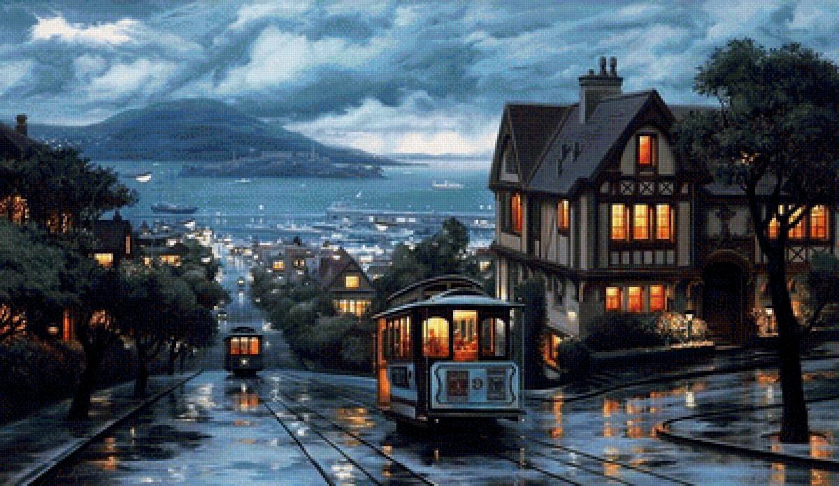 Сумерки в Сан-Франциско - свет, окна, горы, небо, трамвай, сумерки, город - предпросмотр