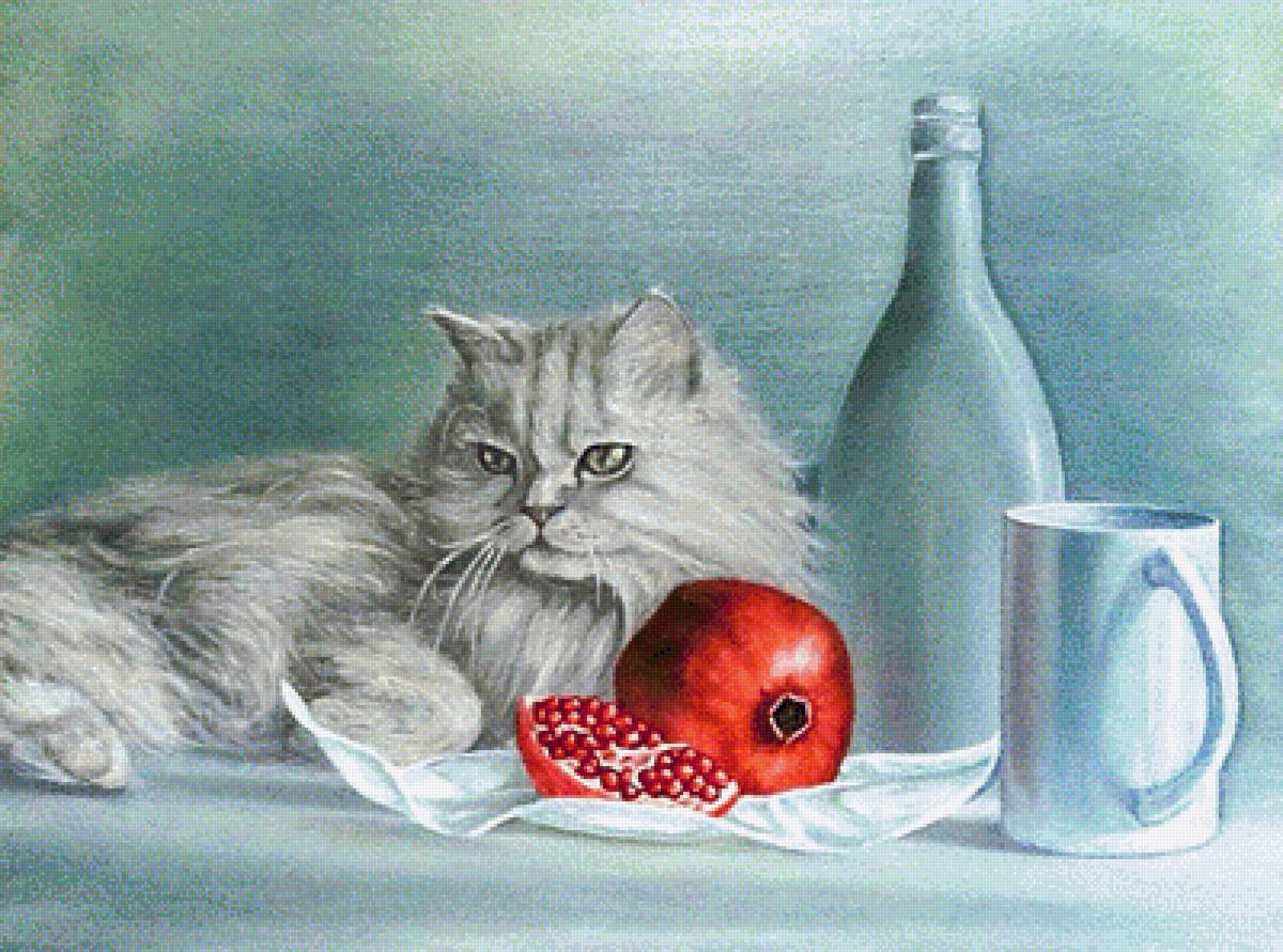 Гранат на фоне кота. - кот, живопись., натюрмот, гранат - предпросмотр