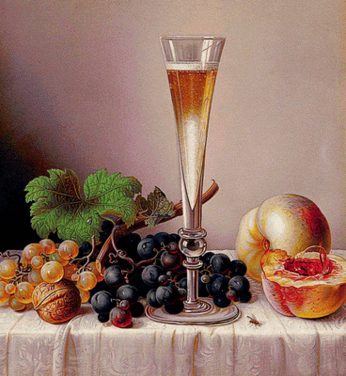 Шампанское и фрукты - персики, орехи, бокал, шампанское, натюрморт, виноград - предпросмотр