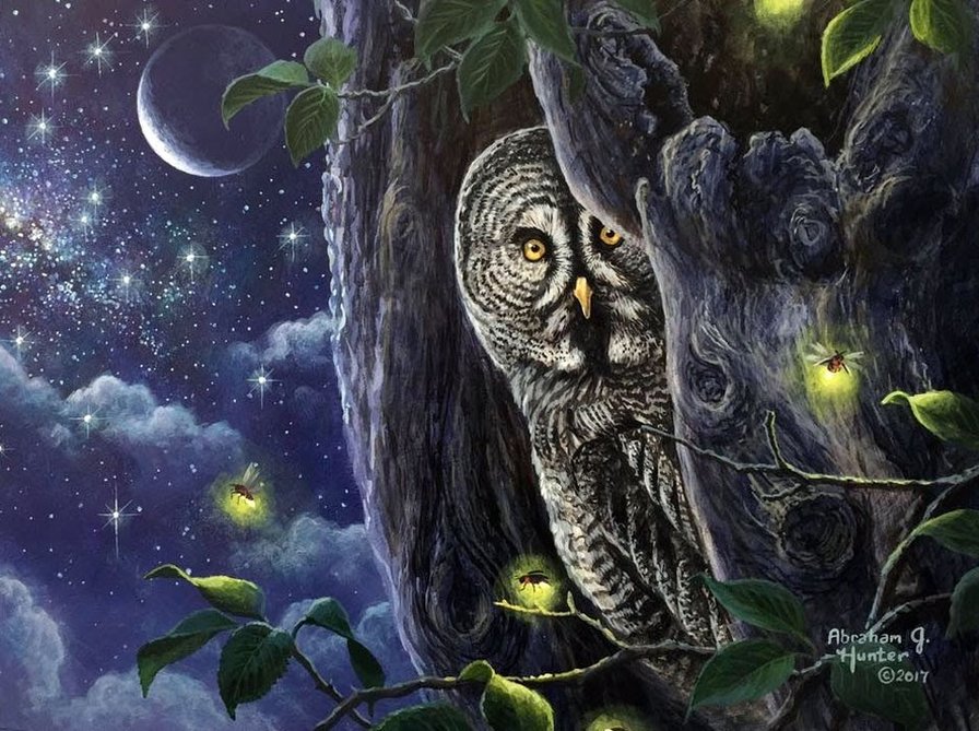 Ночной смотрящий - луна, облака, дерево, птица - оригинал