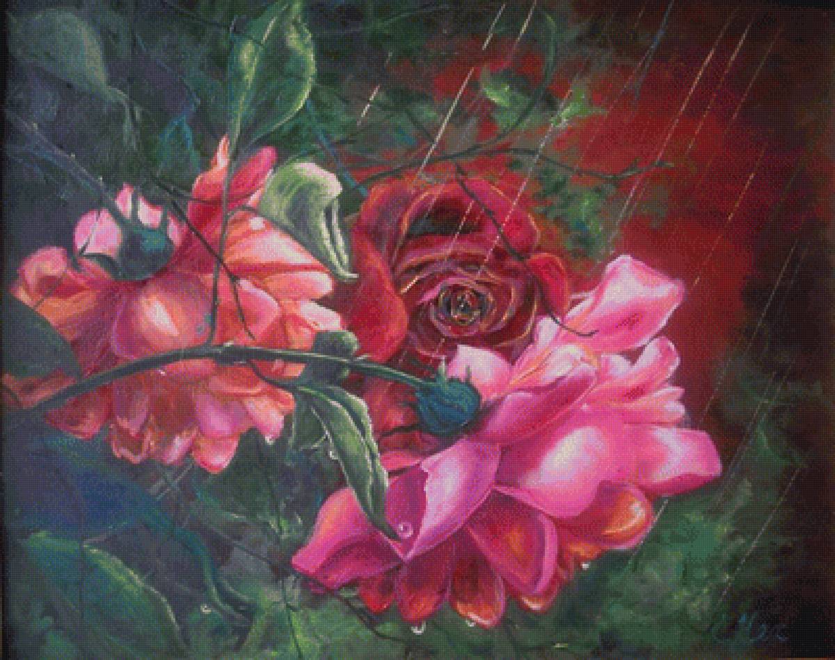 Ночной дождь - лепестки, дождь, сад, розы - предпросмотр