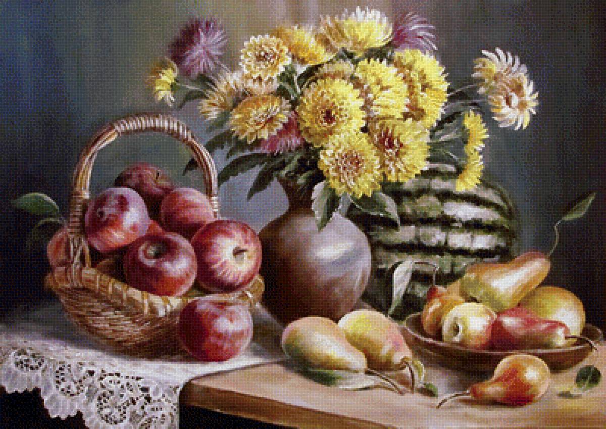 натюрморт - яблоко, арбуз, груша, цветы - предпросмотр