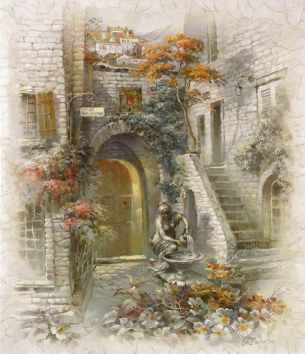 Итальянский дворик - дверь, лестница, фонтан, дом, цветы - оригинал