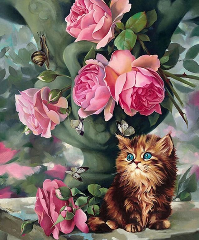 Котенок - бутон, розы, котенок, ваза - оригинал