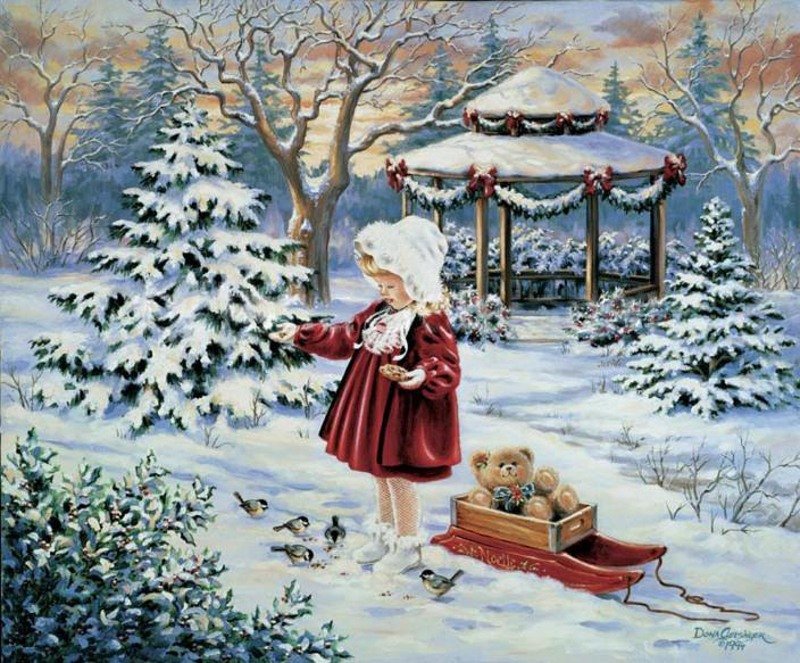 Рождественские истории 6 - новый год, снег, ель, птички. санки, девочка - оригинал