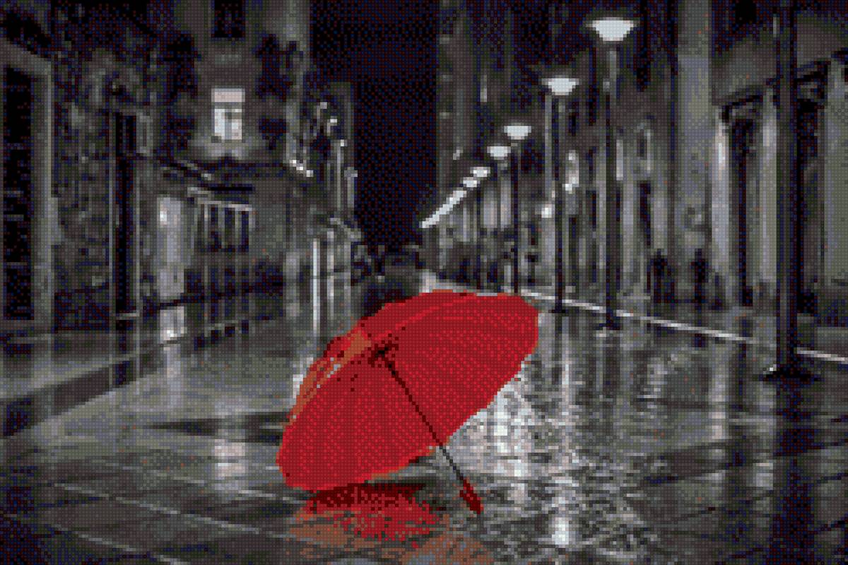 Красный зонтик - монохромный, городские мотивы - предпросмотр