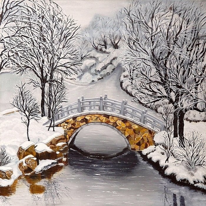 зимний мостик - зима, пейзаж, картина - оригинал