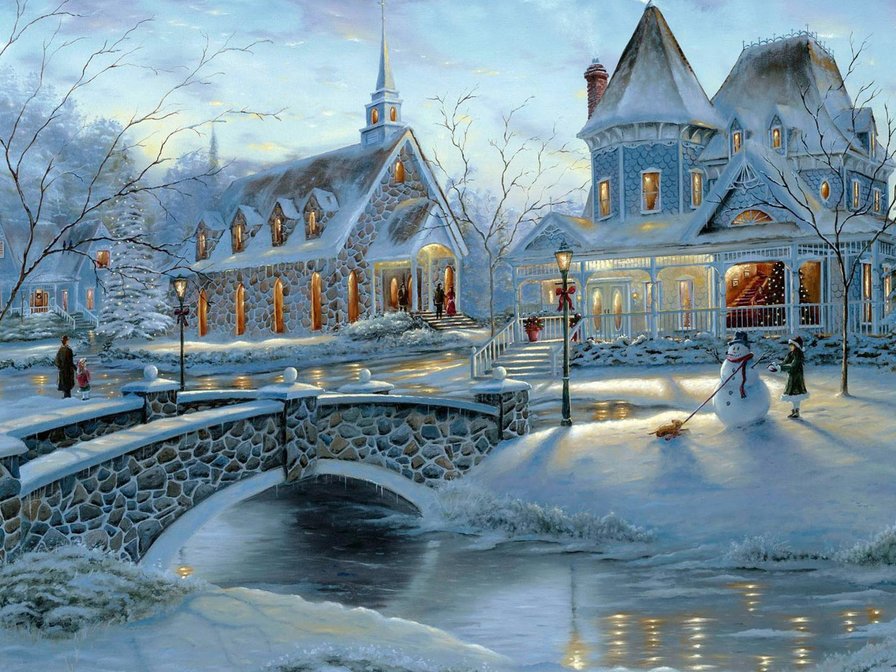 Рождественский вечер - река, дома, люди, мост, город, снег - оригинал