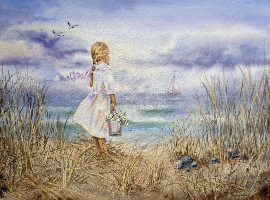 Девочка и море - ребенок, берег, волны, акварель, море - оригинал
