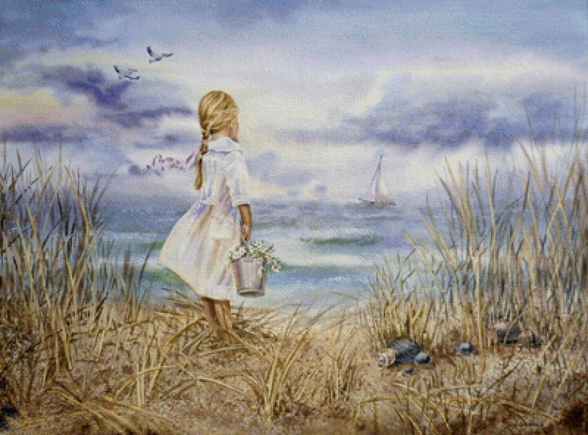 Девочка и море - ребенок, волны, акварель, море, берег - предпросмотр