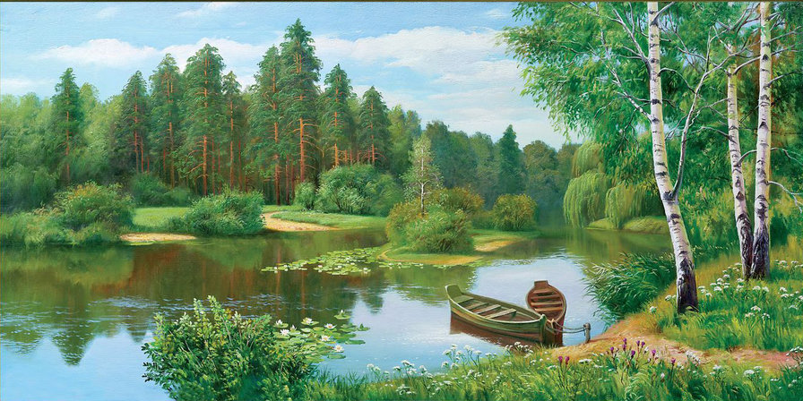 Спокойствие - лето, лес, лодка, вода, зелень - оригинал